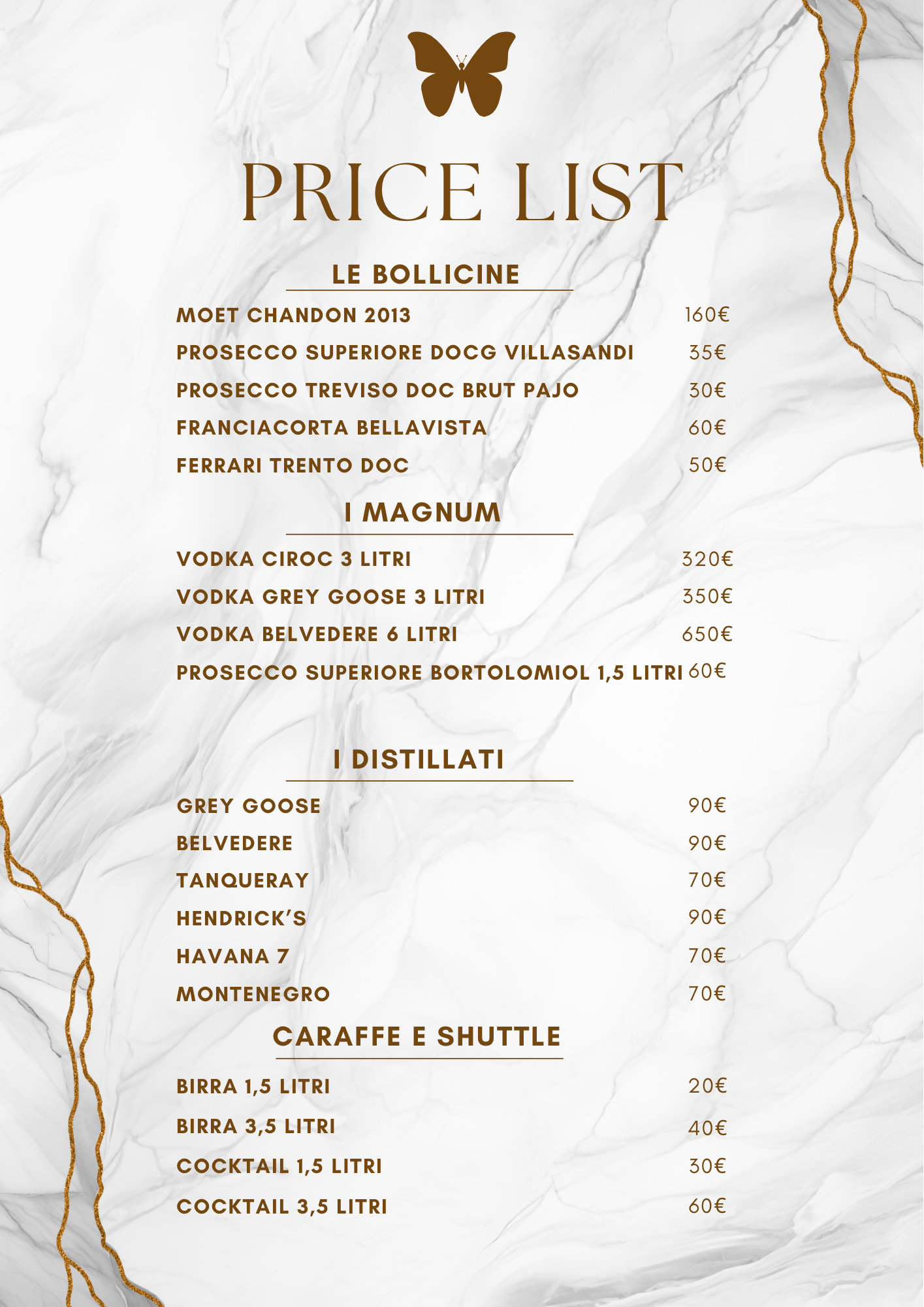 Menu bottiglie price list Tava